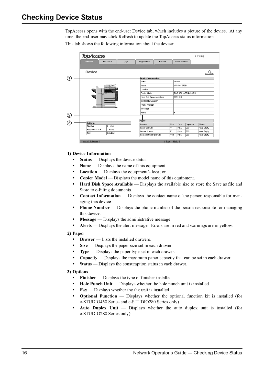 Toshiba e-STUDIO350/450, e-STUDIO200L/230L, e-STUDIO230/280 manual Checking Device Status, Device Information, Paper, Options 