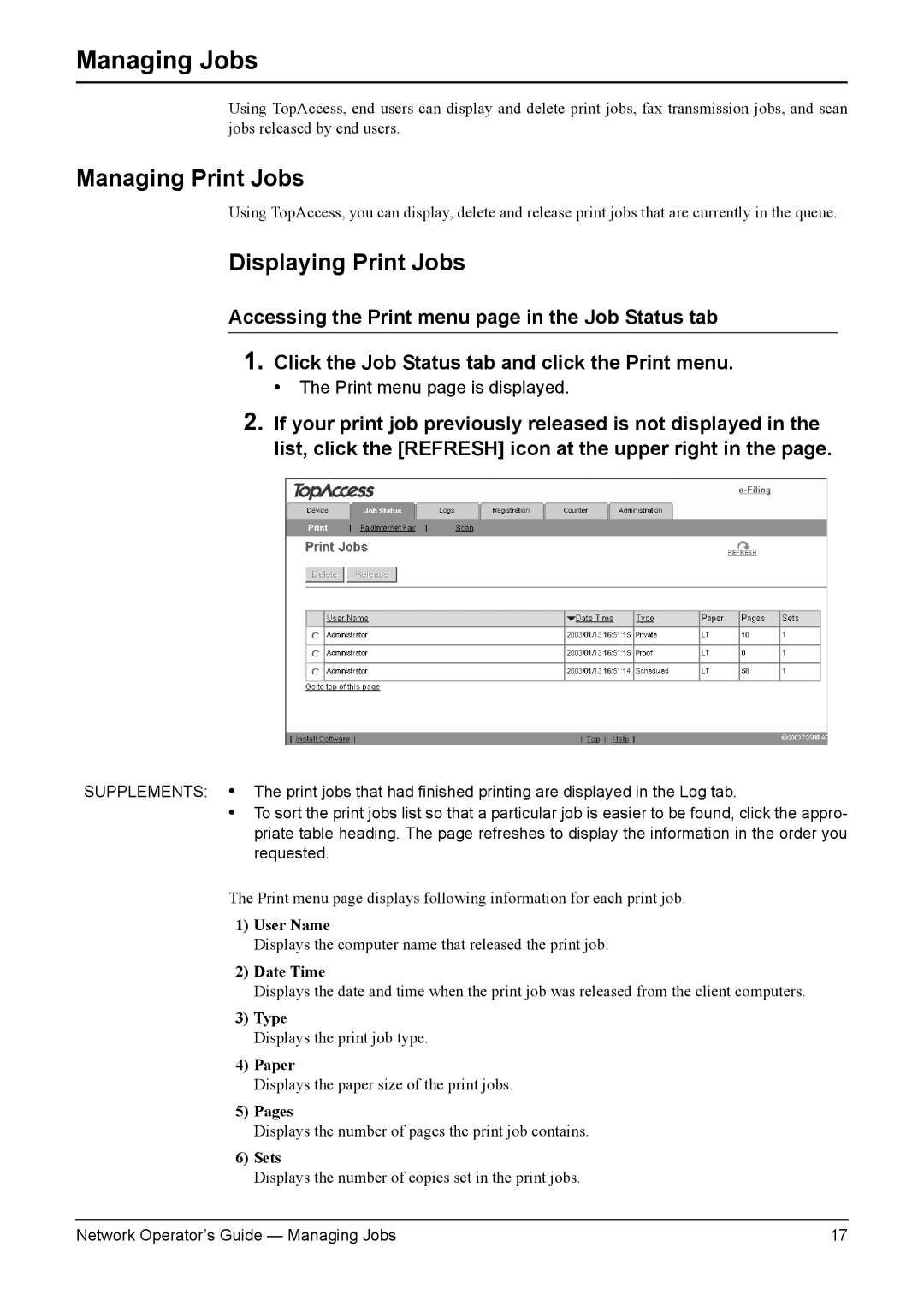 Toshiba e-STUDIO200L/230L, e-STUDIO350/450, e-STUDIO230/280 manual Managing Jobs, Managing Print Jobs, Displaying Print Jobs 