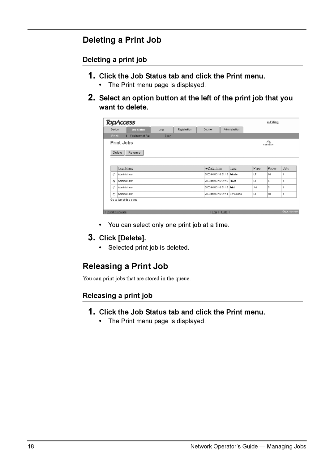 Toshiba e-STUDIO230/280, e-STUDIO350/450, e-STUDIO200L/230L manual Deleting a Print Job, Releasing a Print Job, Click Delete 