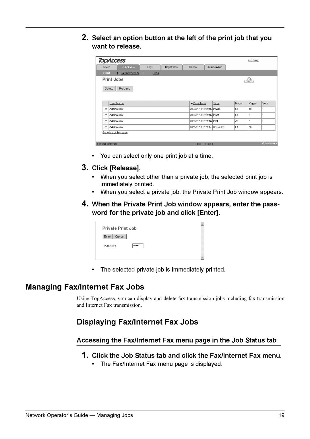 Toshiba e-STUDIO3511/4511, e-STUDIO350/450 Managing Fax/Internet Fax Jobs, Displaying Fax/Internet Fax Jobs, Click Release 