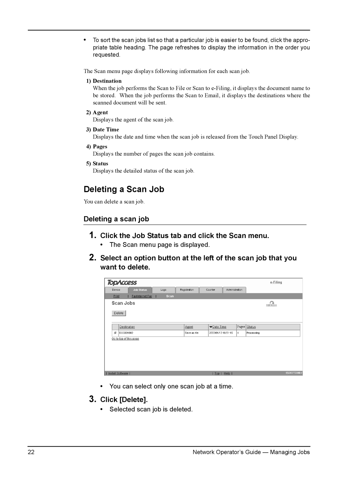 Toshiba e-STUDIO230/280, e-STUDIO350/450, e-STUDIO200L/230L manual Deleting a Scan Job, Destination, Agent, Status 