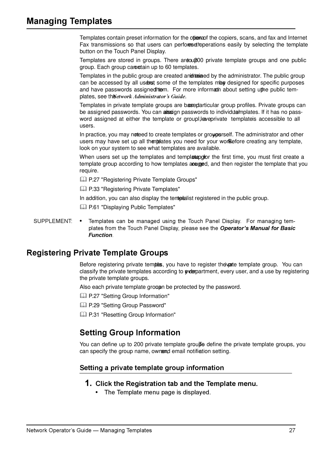 Toshiba e-STUDIO3511/4511 manual Managing Templates, Registering Private Template Groups, Setting Group Information 