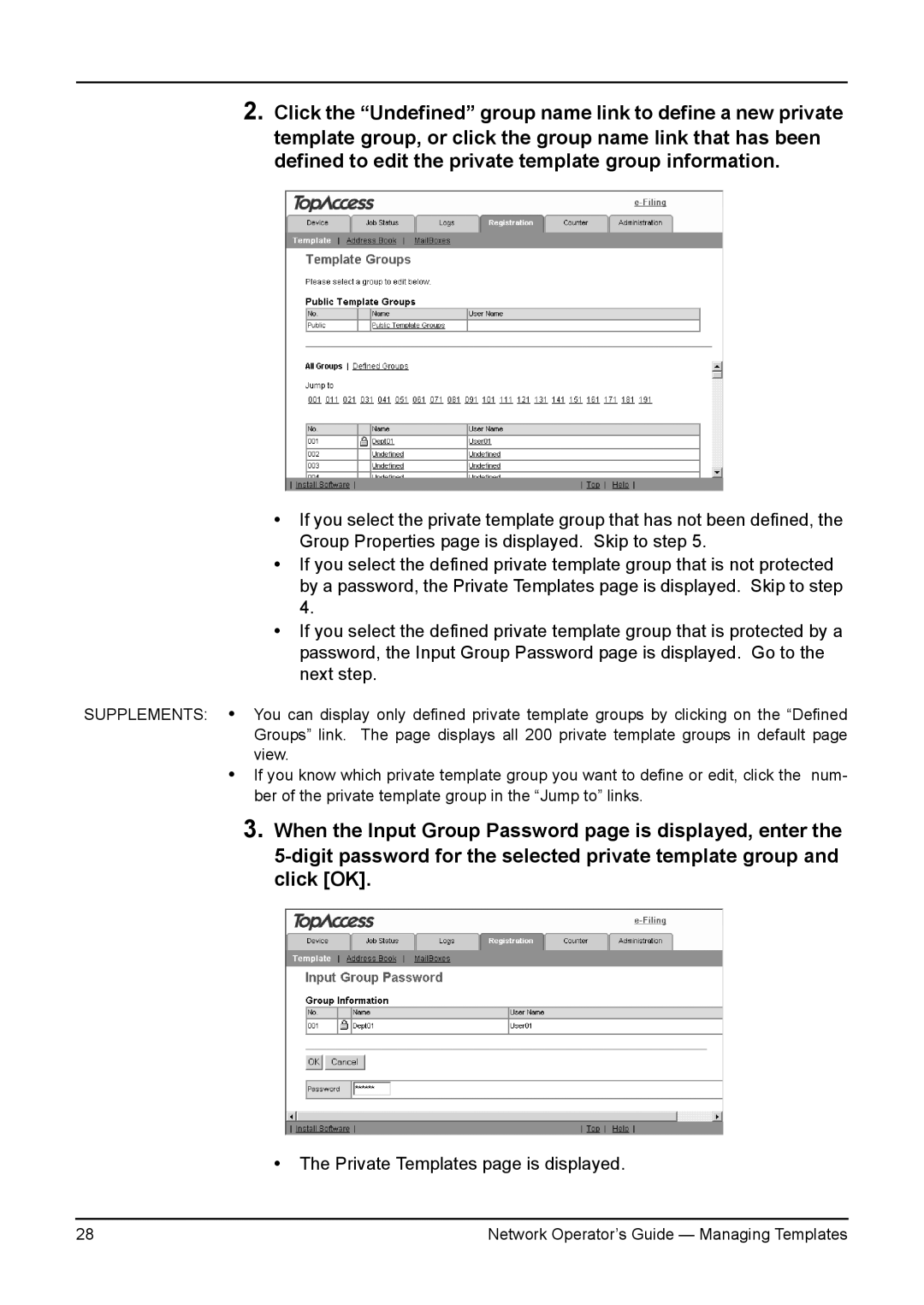 Toshiba e-STUDIO350/450, e-STUDIO200L/230L, e-STUDIO230/280, e-STUDIO3511/4511 manual Private Templates page is displayed 