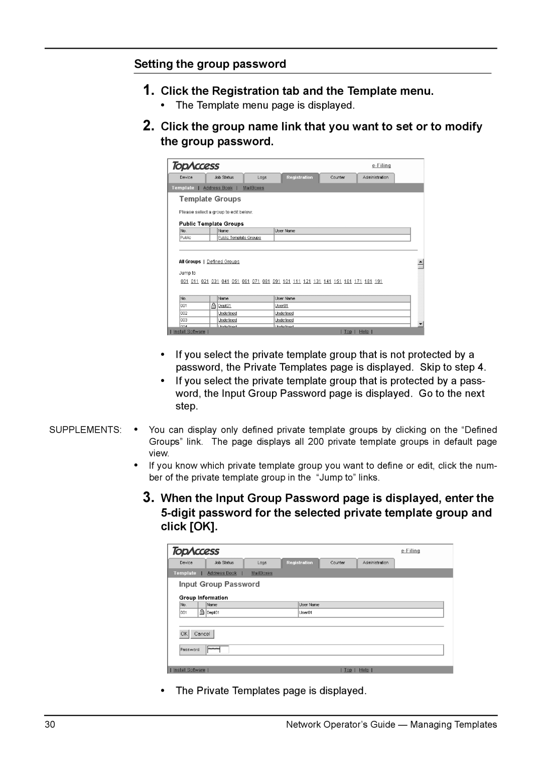 Toshiba e-STUDIO230/280, e-STUDIO350/450, e-STUDIO200L/230L, e-STUDIO3511/4511 manual Template menu page is displayed 