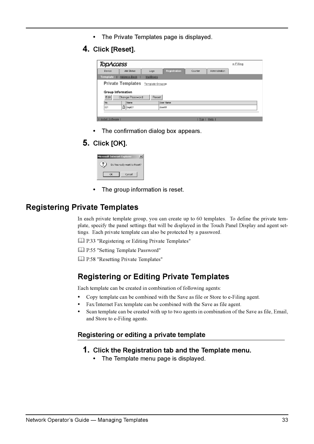 Toshiba e-STUDIO200L/230L manual Registering Private Templates, Registering or Editing Private Templates, Click Reset 