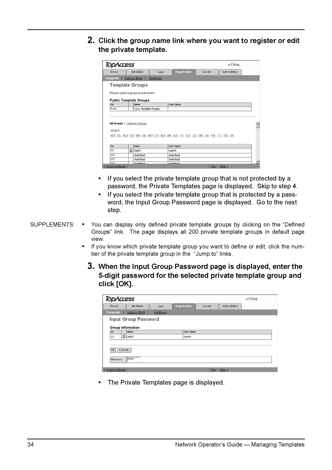 Toshiba e-STUDIO230/280, e-STUDIO350/450, e-STUDIO200L/230L, e-STUDIO3511/4511 manual Private Templates page is displayed 