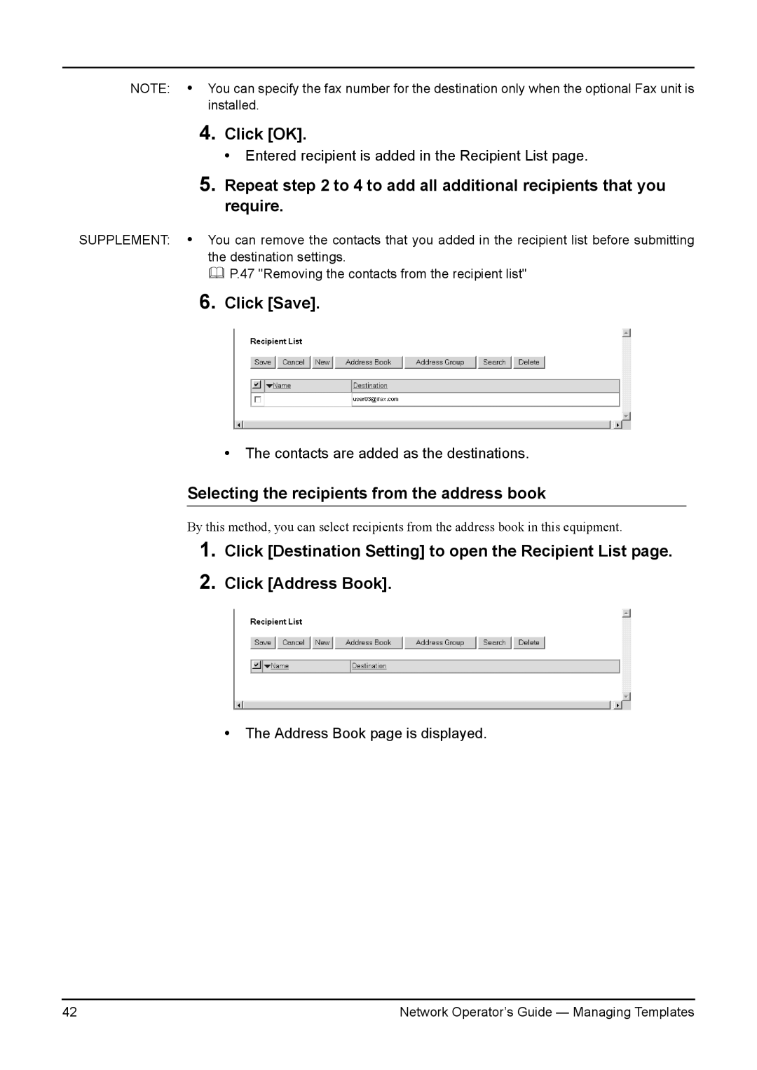 Toshiba e-STUDIO230/280, e-STUDIO350/450, e-STUDIO200L/230L manual Click OK, Selecting the recipients from the address book 