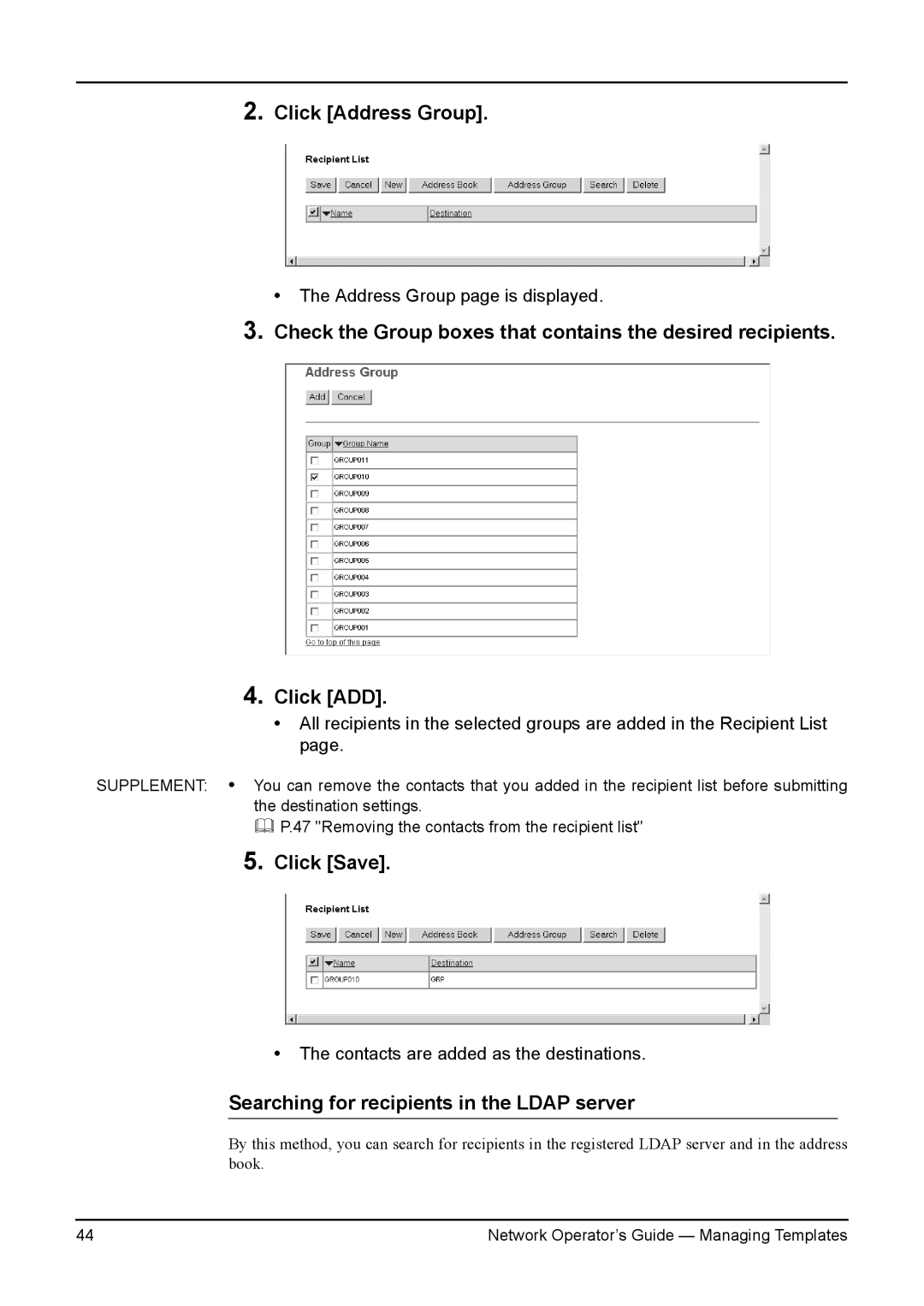 Toshiba e-STUDIO350/450, e-STUDIO200L/230L manual Click Address Group, Searching for recipients in the Ldap server 