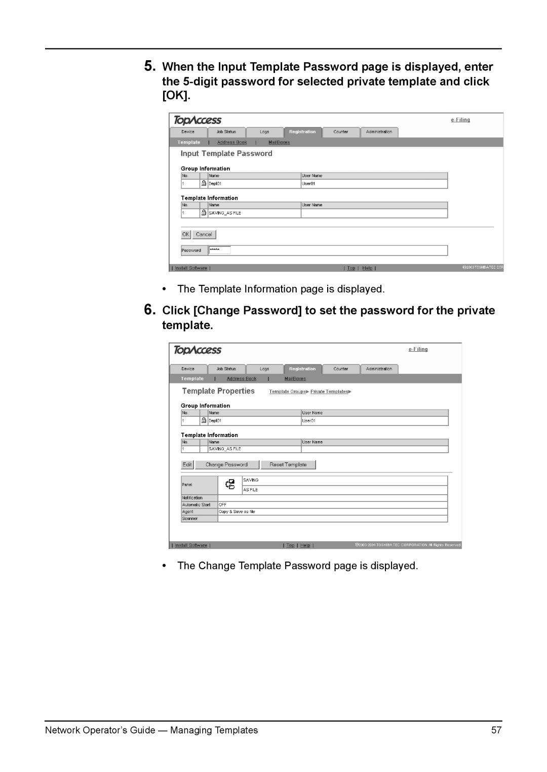 Toshiba e-STUDIO200L/230L, e-STUDIO350/450, e-STUDIO230/280, e-STUDIO3511/4511 manual Template Information page is displayed 