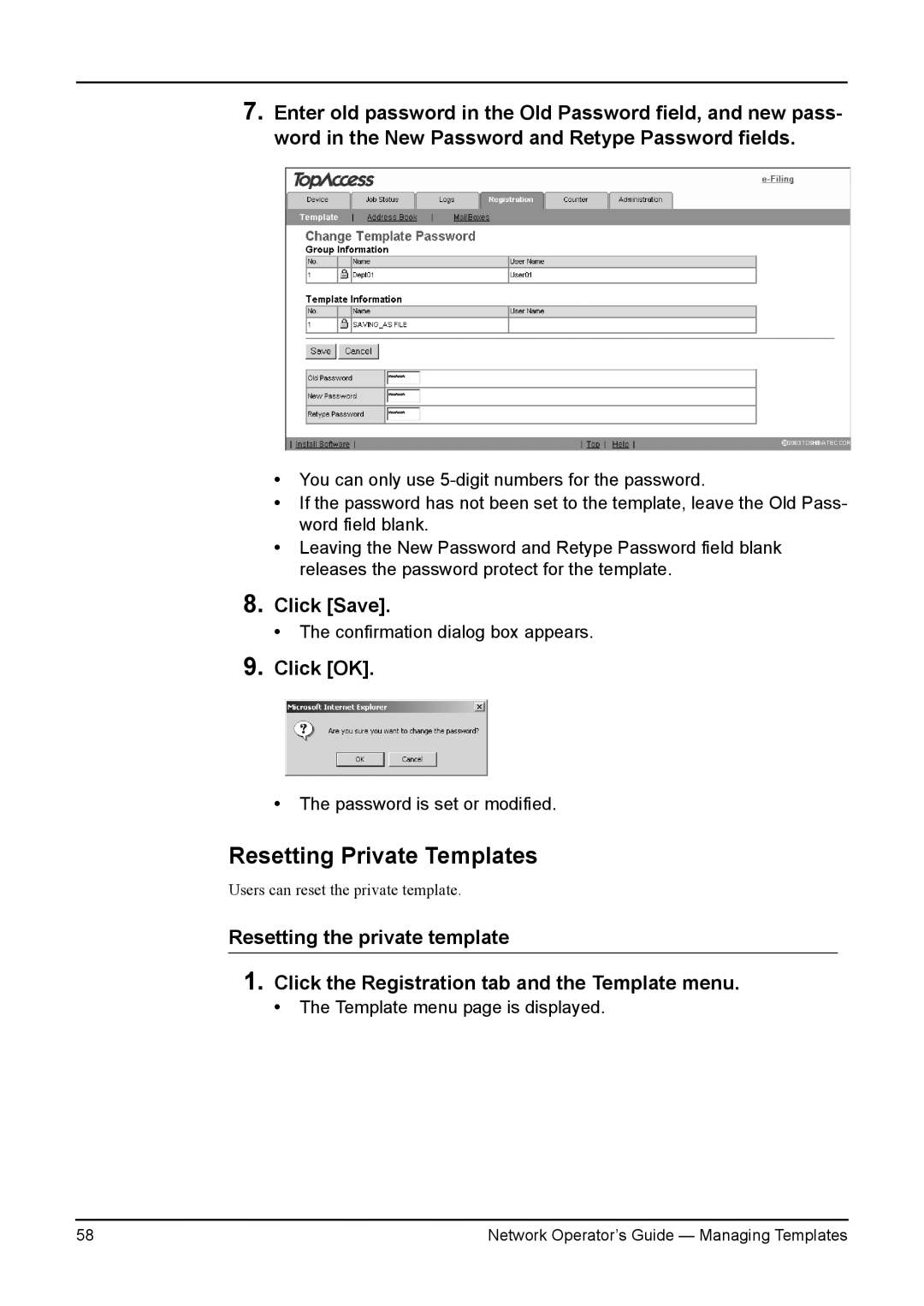 Toshiba e-STUDIO230/280, e-STUDIO350/450, e-STUDIO200L/230L, e-STUDIO3511/4511 manual Resetting Private Templates, Click Save 