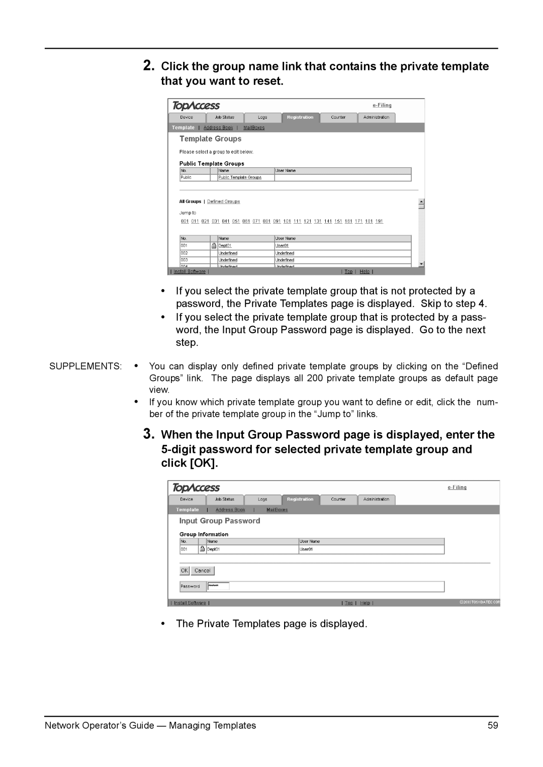 Toshiba e-STUDIO3511/4511, e-STUDIO350/450, e-STUDIO200L/230L, e-STUDIO230/280 manual Private Templates page is displayed 