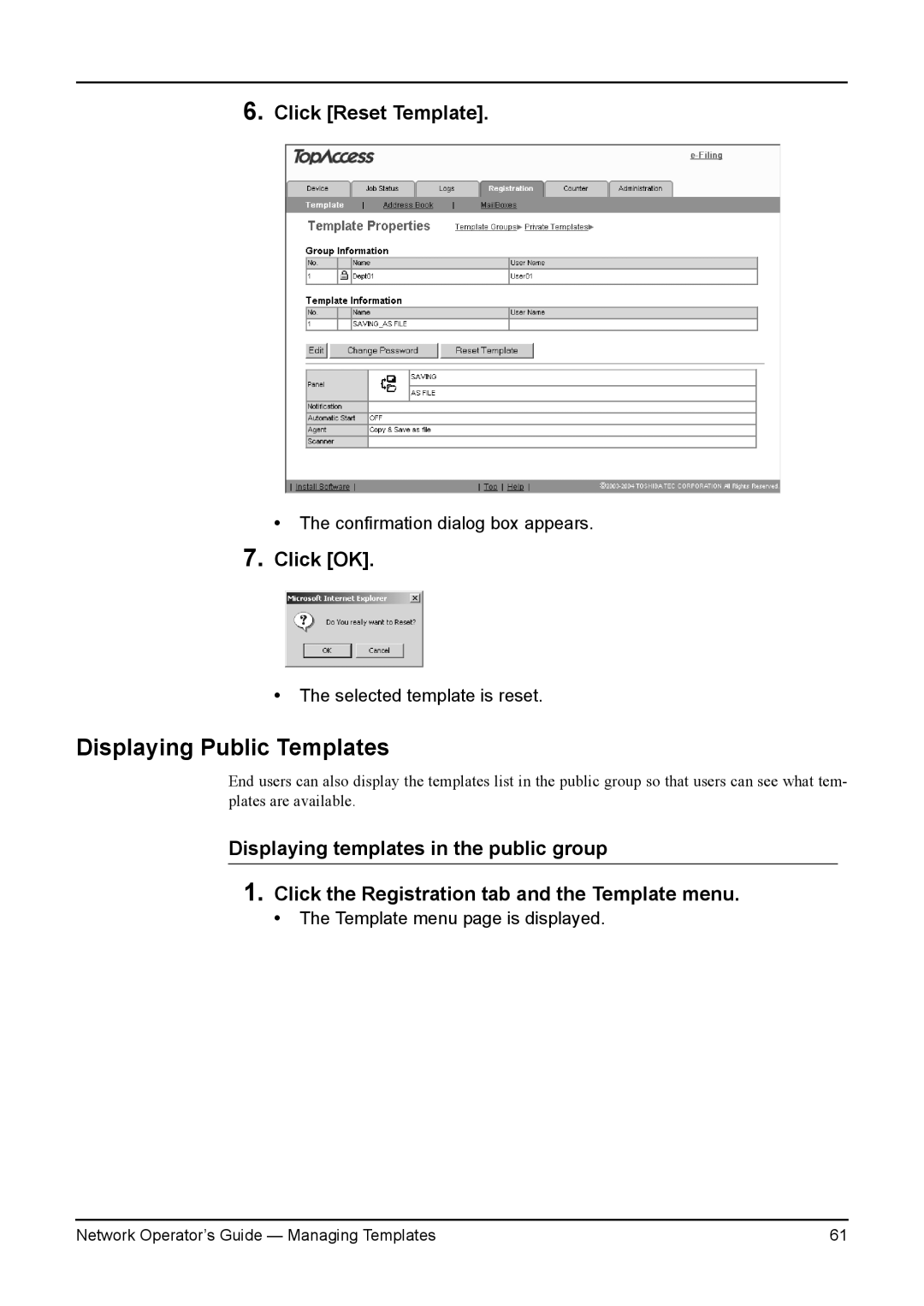 Toshiba e-STUDIO200L/230L, e-STUDIO350/450, e-STUDIO230/280 manual Displaying Public Templates, Click Reset Template 