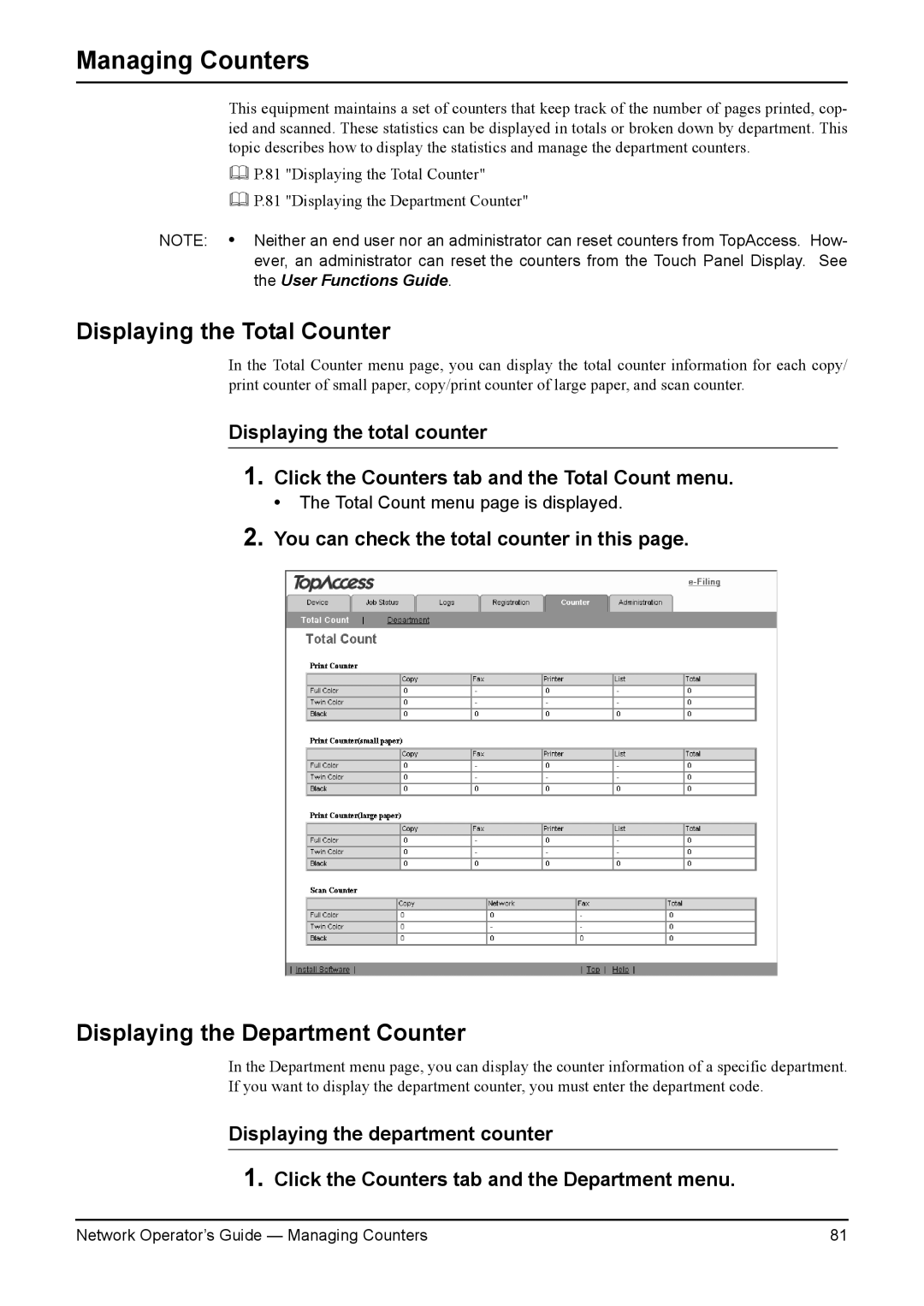 Toshiba e-STUDIO200L/230L manual Managing Counters, Displaying the Total Counter, Displaying the Department Counter 