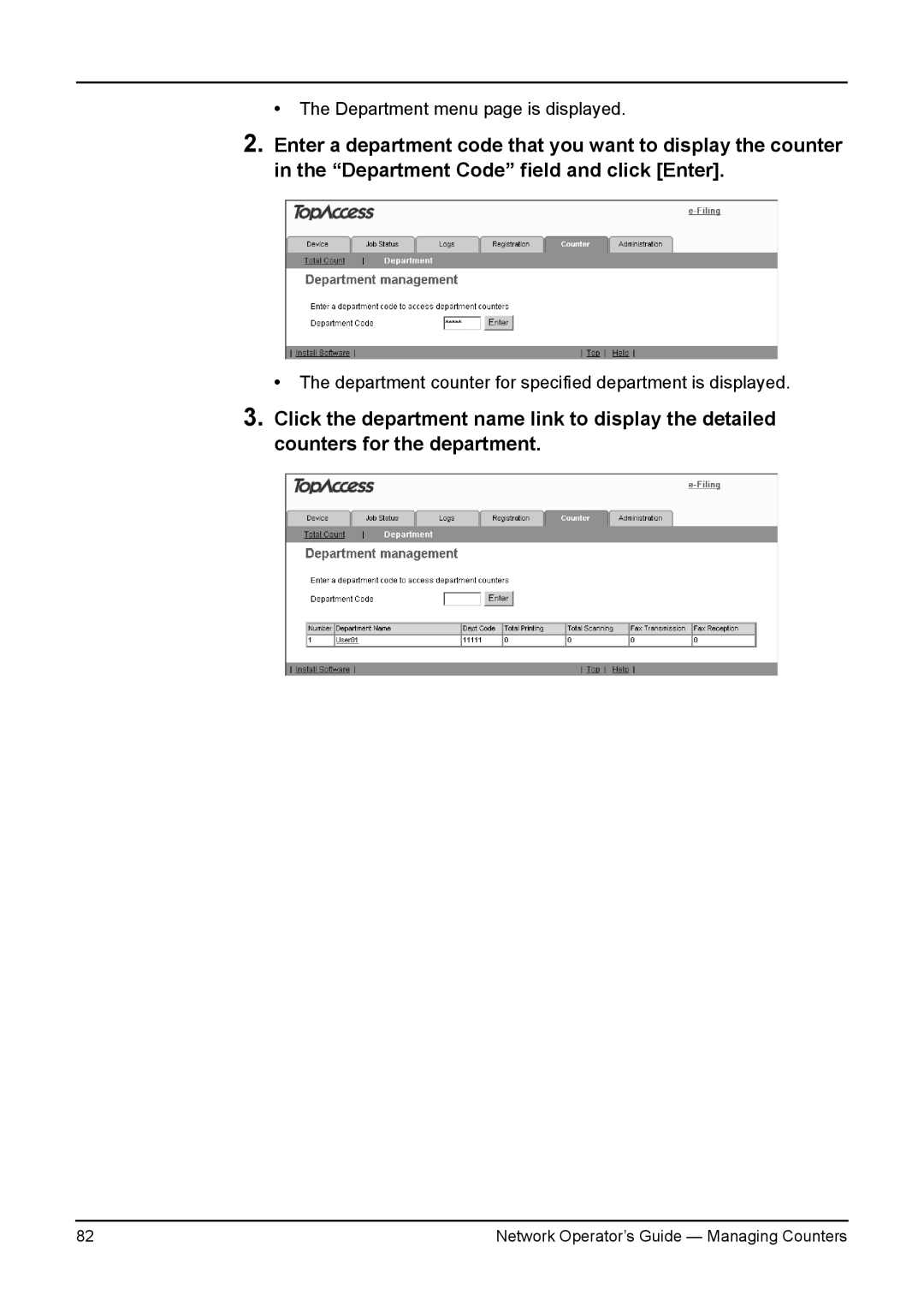 Toshiba e-STUDIO230/280, e-STUDIO350/450, e-STUDIO200L/230L, e-STUDIO3511/4511 manual Department menu page is displayed 