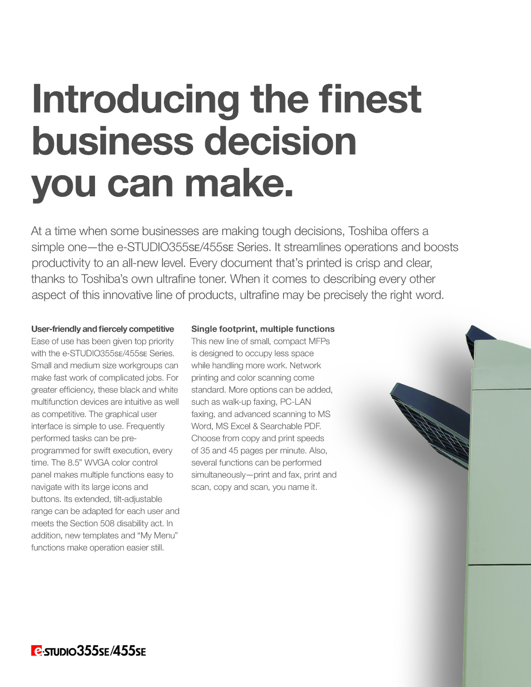 Toshiba e-STUDIO355SE/455SE manual Introducing the finest business decision you can make 