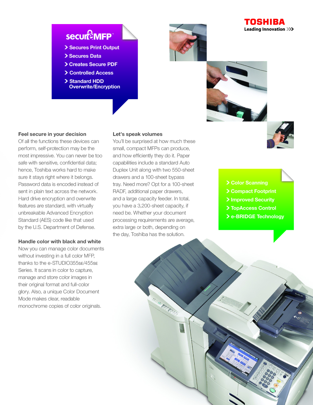 Toshiba e-STUDIO355SE/455SE manual Feel secure in your decision 