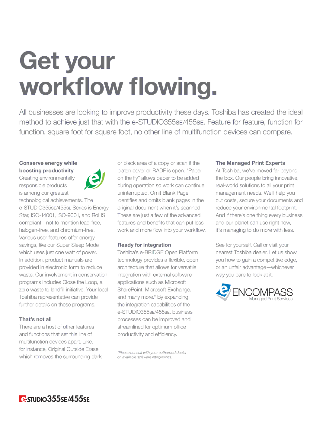 Toshiba e-STUDIO355SE/455SE manual Get your workflow flowing, That’s not all, Ready for integration, Managed Print Experts 
