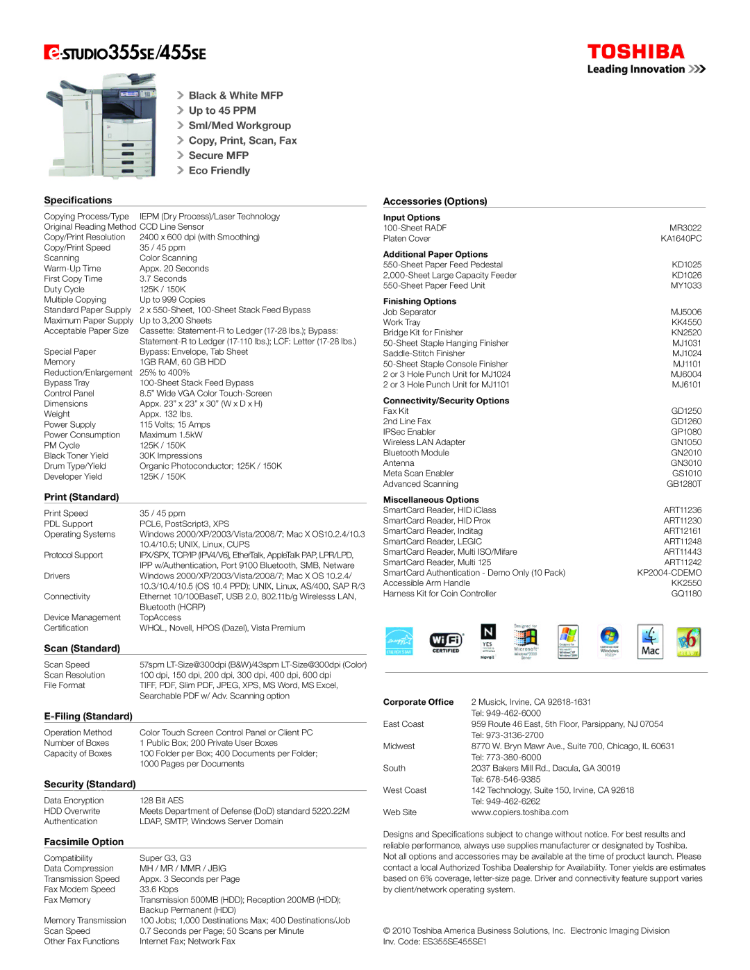 Toshiba e-STUDIO355SE/455SE manual Black & White MFP 