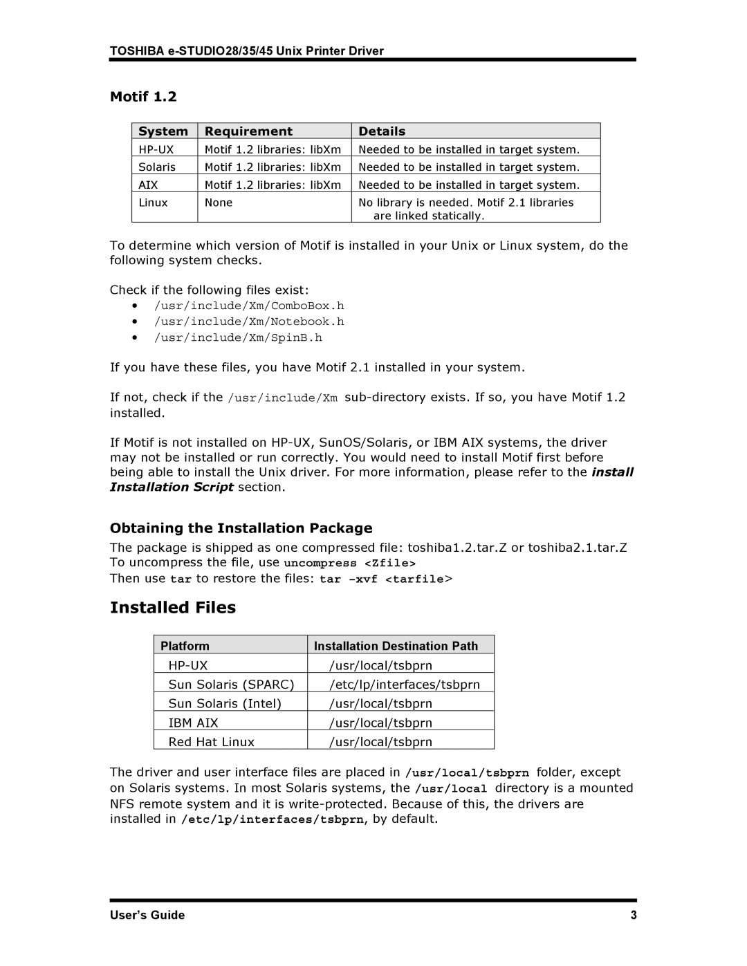 Toshiba e-STUDIO35, e-STUDIO45 Installed Files, Obtaining the Installation Package, Platform Installation Destination Path 