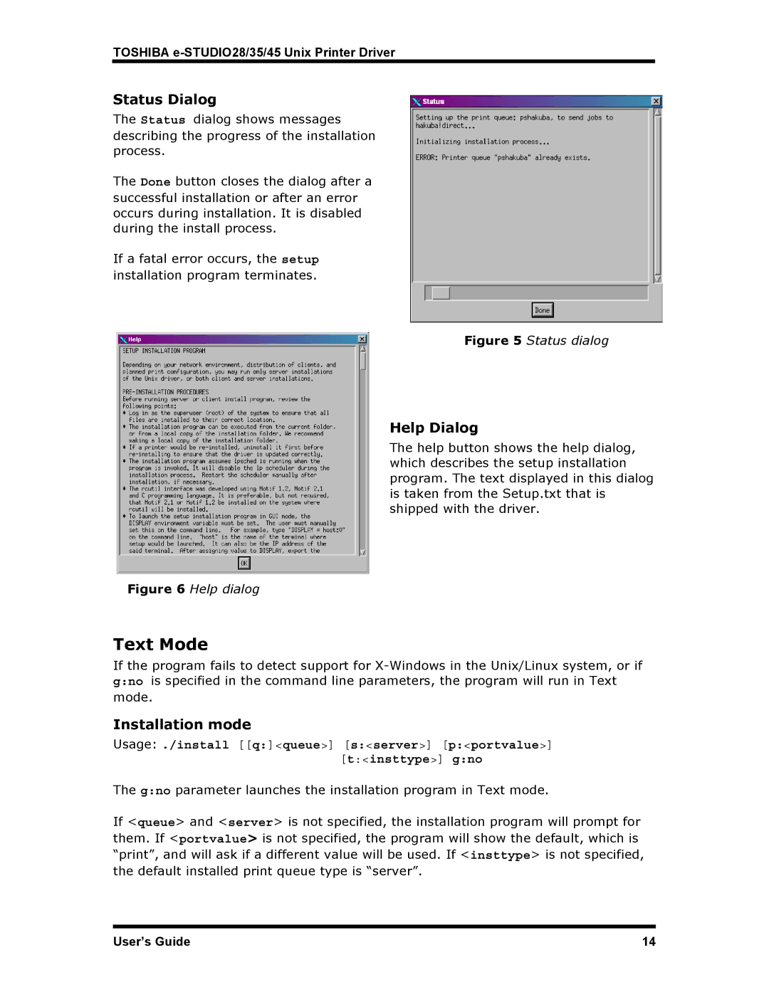 Toshiba e-STUDIO28, e-STUDIO45, e-STUDIO35 manual Text Mode, Status Dialog, Help Dialog, Installation mode 