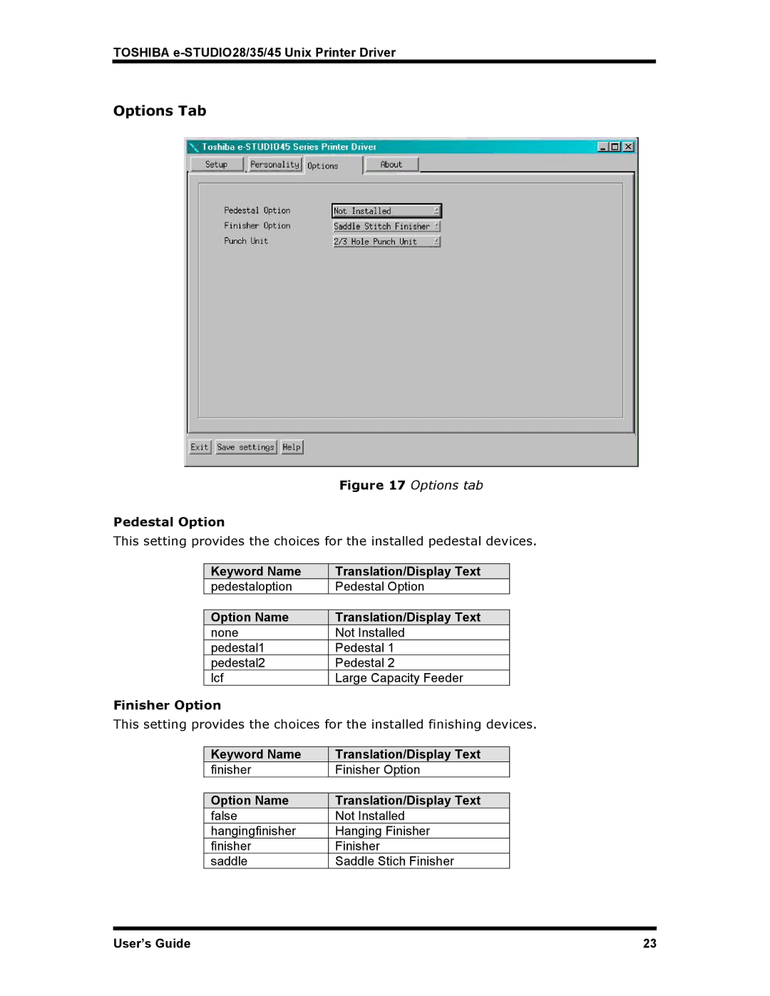 Toshiba e-STUDIO28, e-STUDIO45, e-STUDIO35 manual Options Tab, Pedestal Option, Finisher Option 