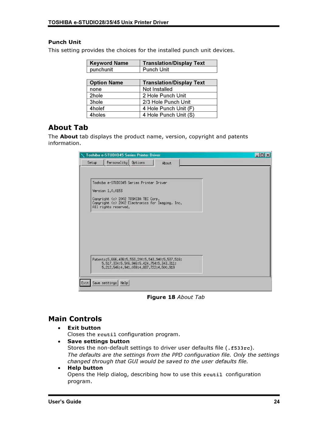 Toshiba e-STUDIO35, e-STUDIO45, e-STUDIO28 manual About Tab, Main Controls, Punch Unit, Save settings button 