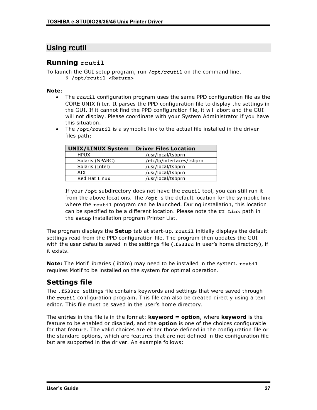 Toshiba e-STUDIO35 manual Running rcutil, Settings file, $ /opt/rcutil Return, UNIX/LINUX System Driver Files Location 