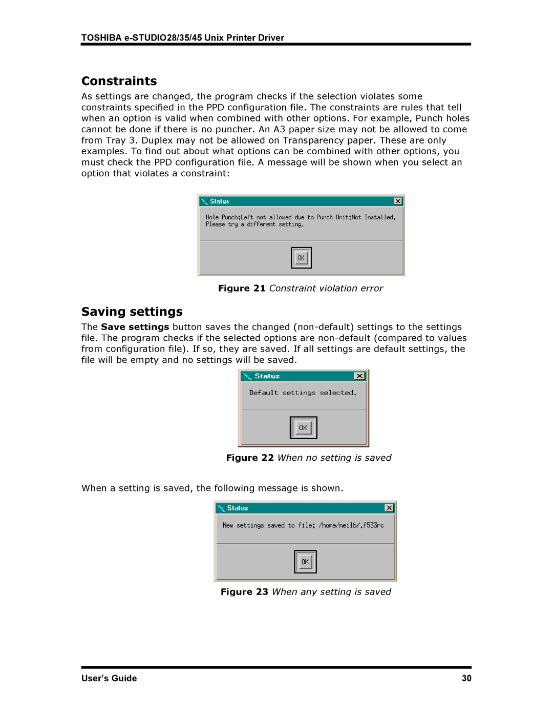 Toshiba e-STUDIO35, e-STUDIO45, e-STUDIO28 manual Constraints, Saving settings 