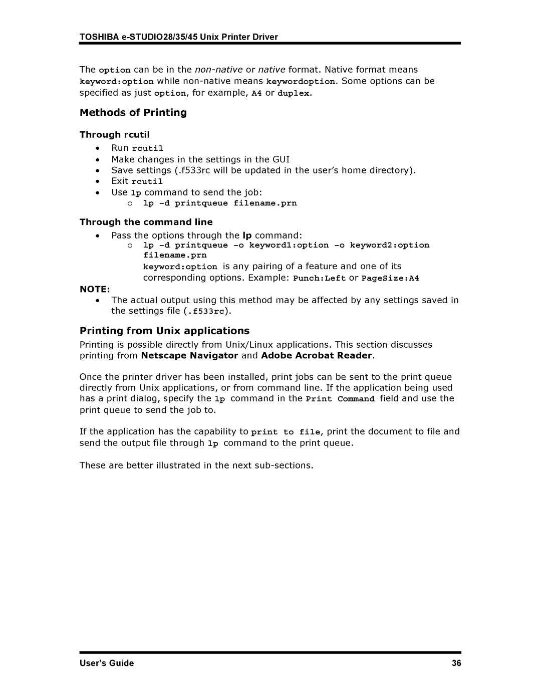 Toshiba e-STUDIO35 manual Methods of Printing, Printing from Unix applications, Through rcutil, Through the command line 