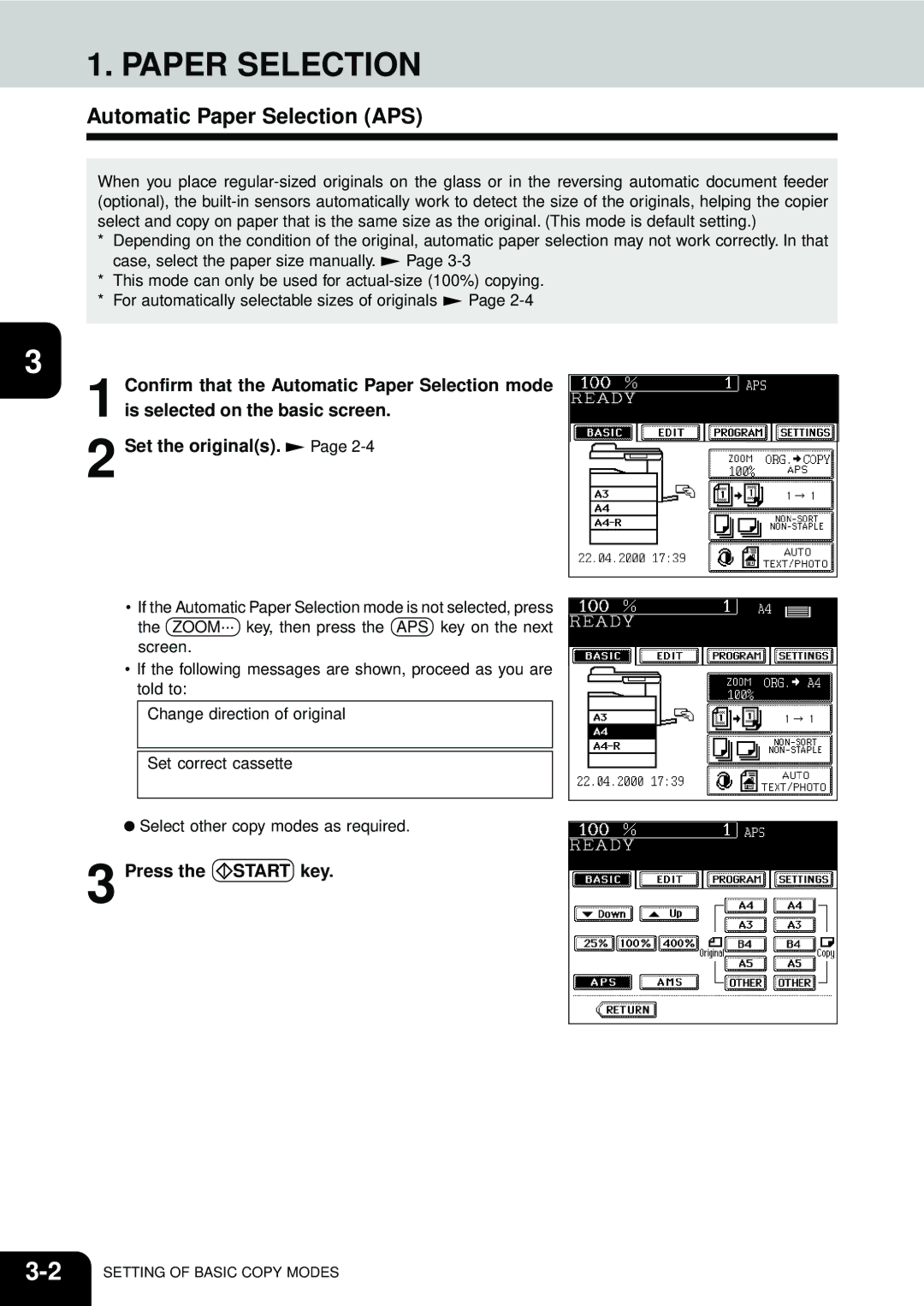 Toshiba e-STUDIO35, e-STUDIO45 manual Automatic Paper Selection APS 