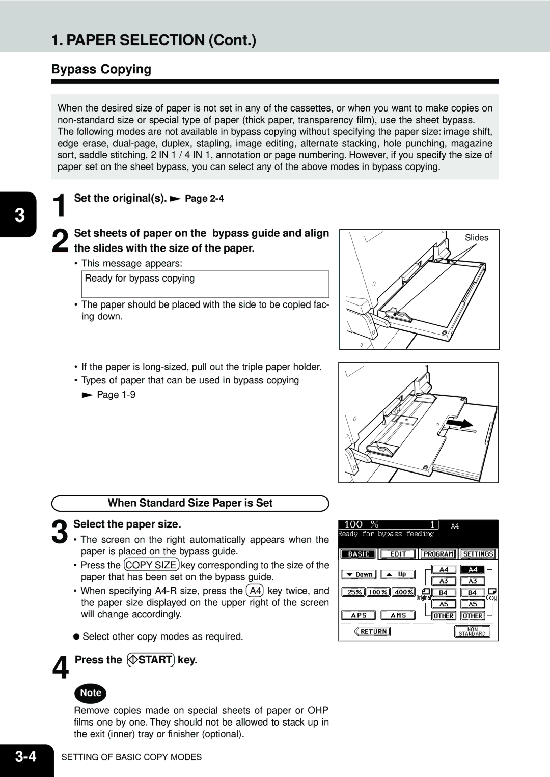 Toshiba e-STUDIO35, e-STUDIO45 manual Paper Selection, Bypass Copying, When Standard Size Paper is Set Select the paper size 