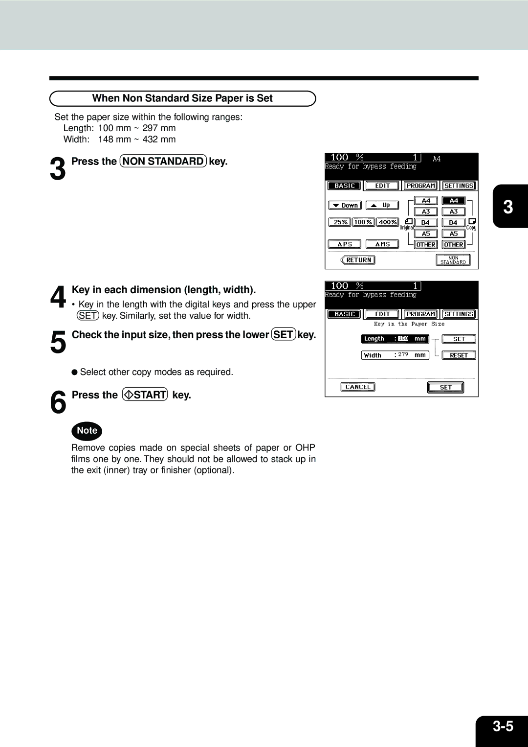 Toshiba e-STUDIO45, e-STUDIO35 When Non Standard Size Paper is Set, Check the input size, then press the lower SET key 