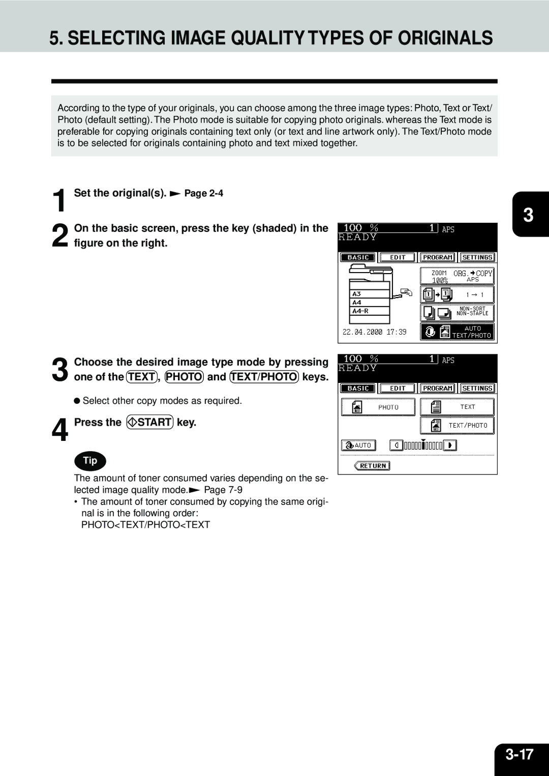 Toshiba e-STUDIO45 Selecting Image Quality Types of Originals, Set the originals On the basic screen, press the key shaded 