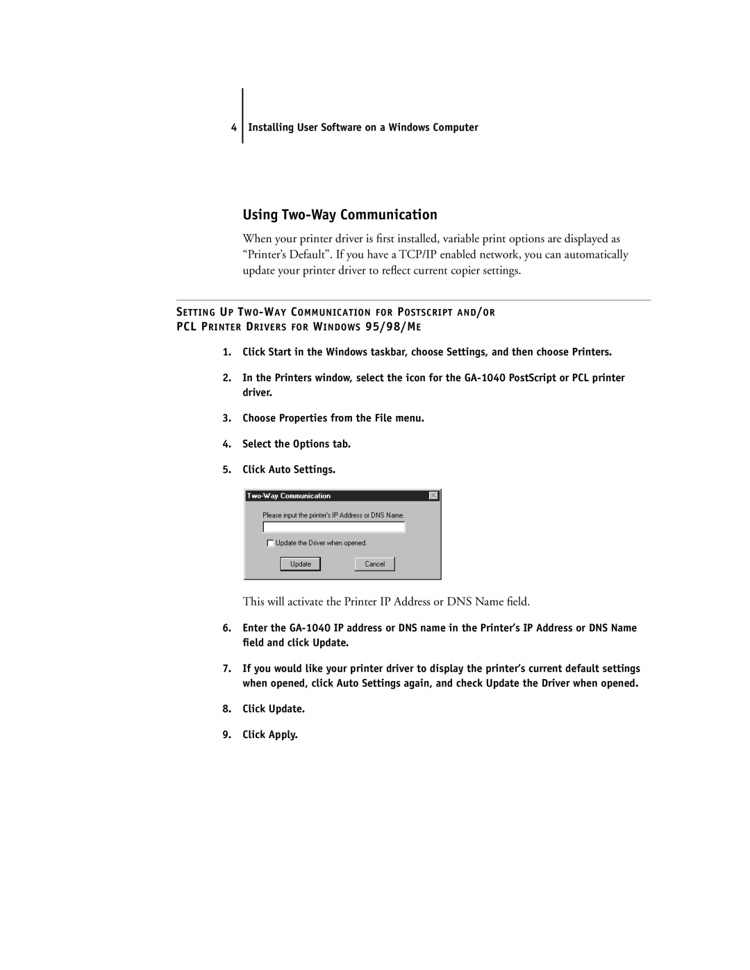 Toshiba e Studio45/35 manual Using Two-Way Communication, This will activate the Printer IP Address or DNS Name ﬁeld 