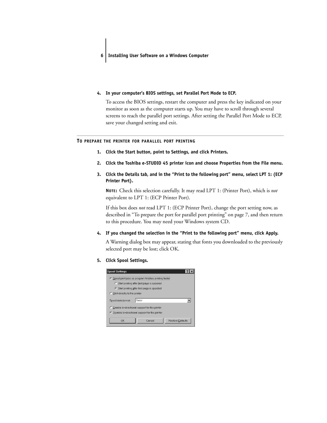 Toshiba e Studio45/35 manual To Prepare the Printer for Parallel Port Printing 