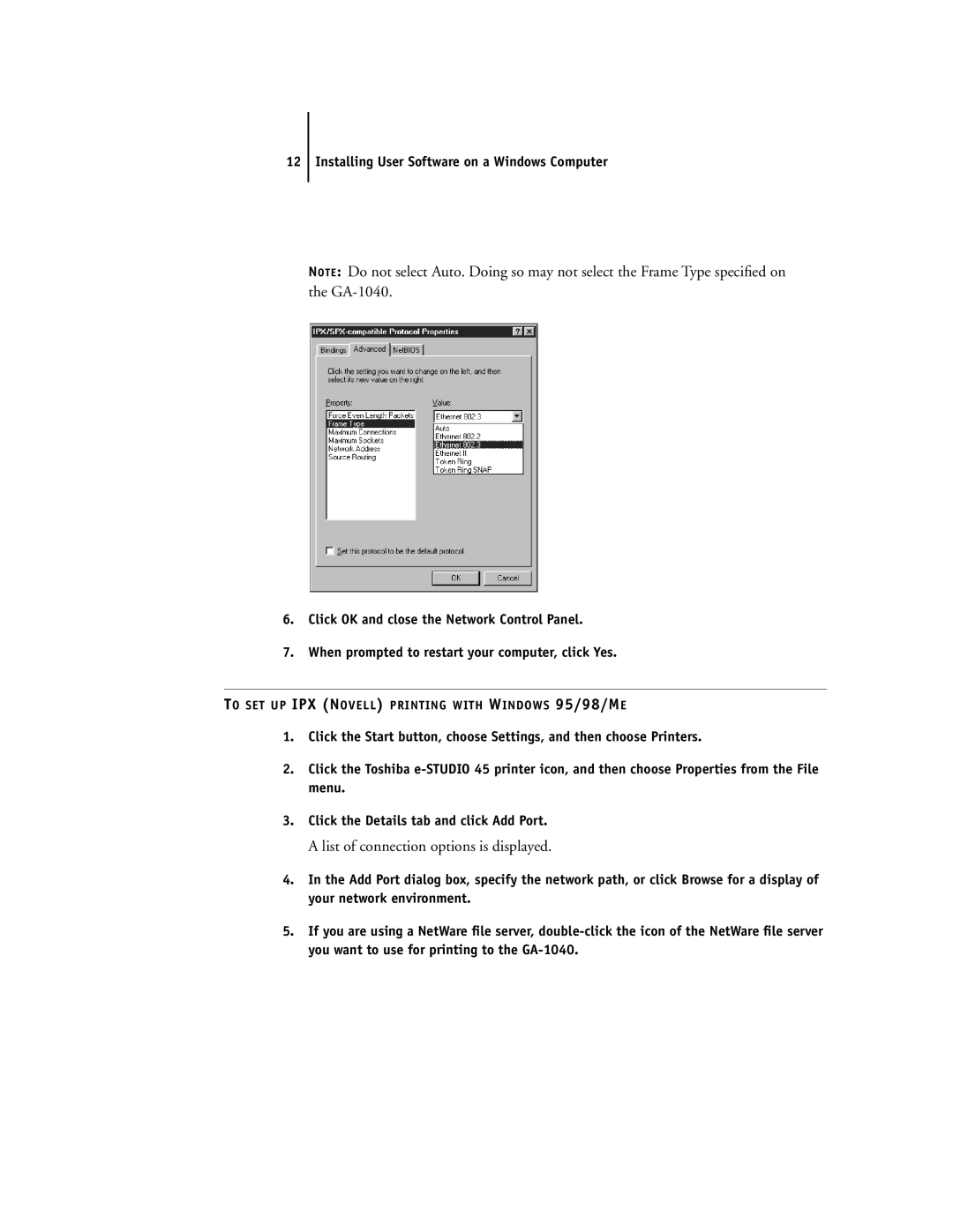 Toshiba e Studio45/35 manual List of connection options is displayed 