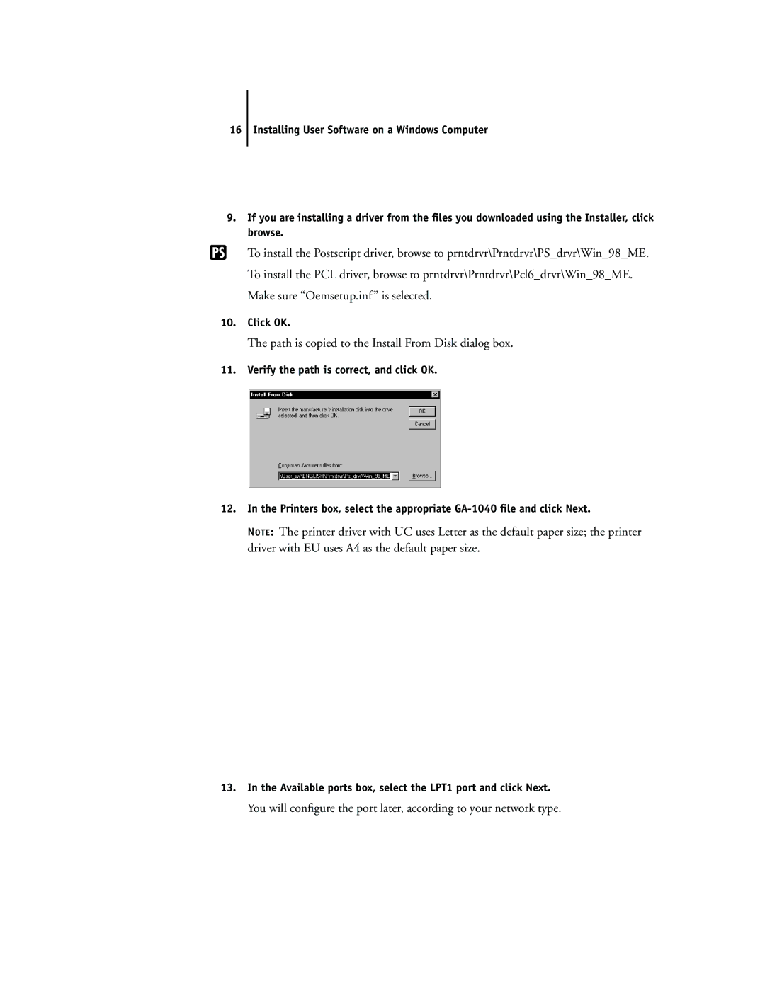 Toshiba e Studio45/35 manual Path is copied to the Install From Disk dialog box 