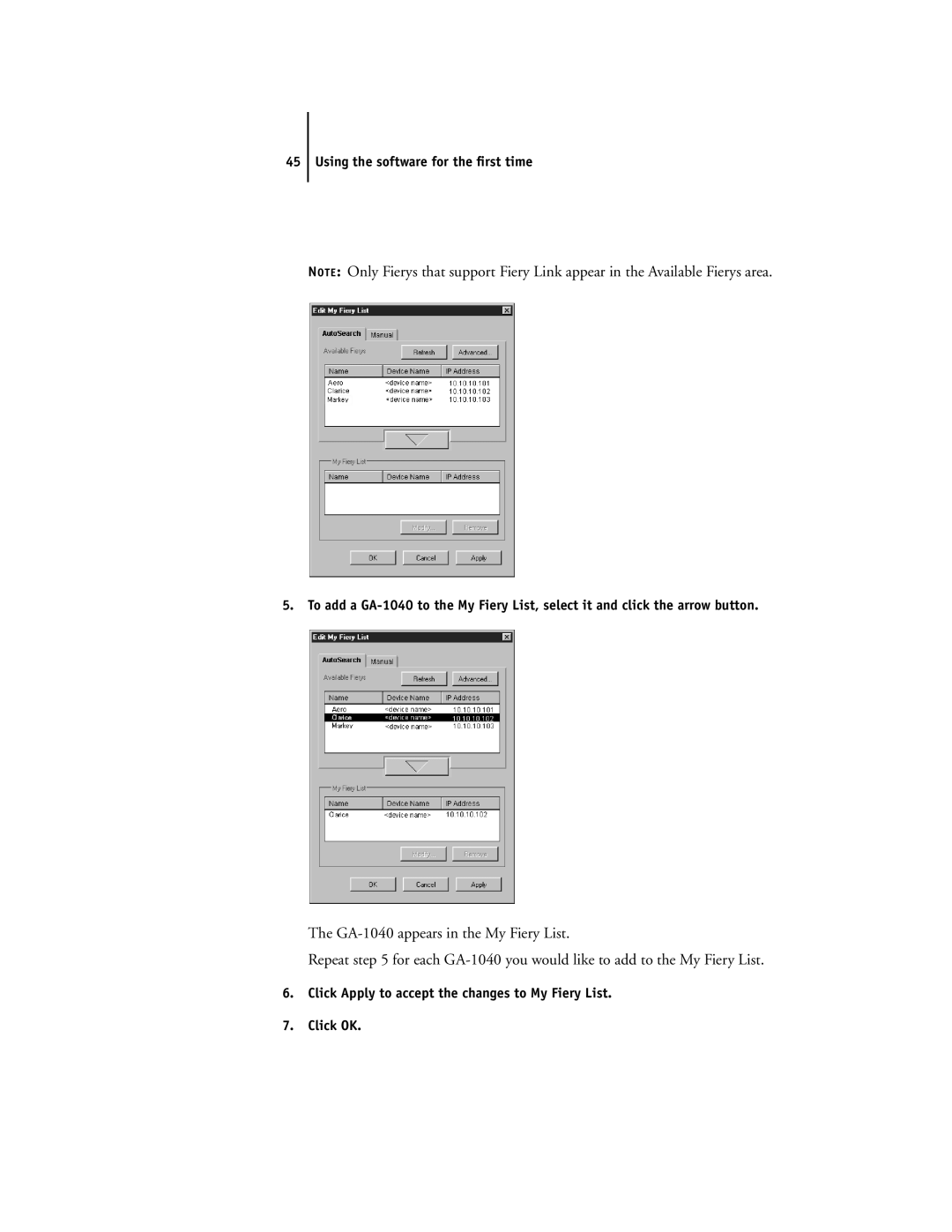 Toshiba e Studio45/35 manual Click Apply to accept the changes to My Fiery List Click OK 