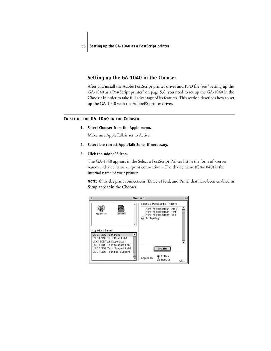 Toshiba e Studio45/35 manual Setting up the GA-1040 in the Chooser, Make sure AppleTalk is set to Active 