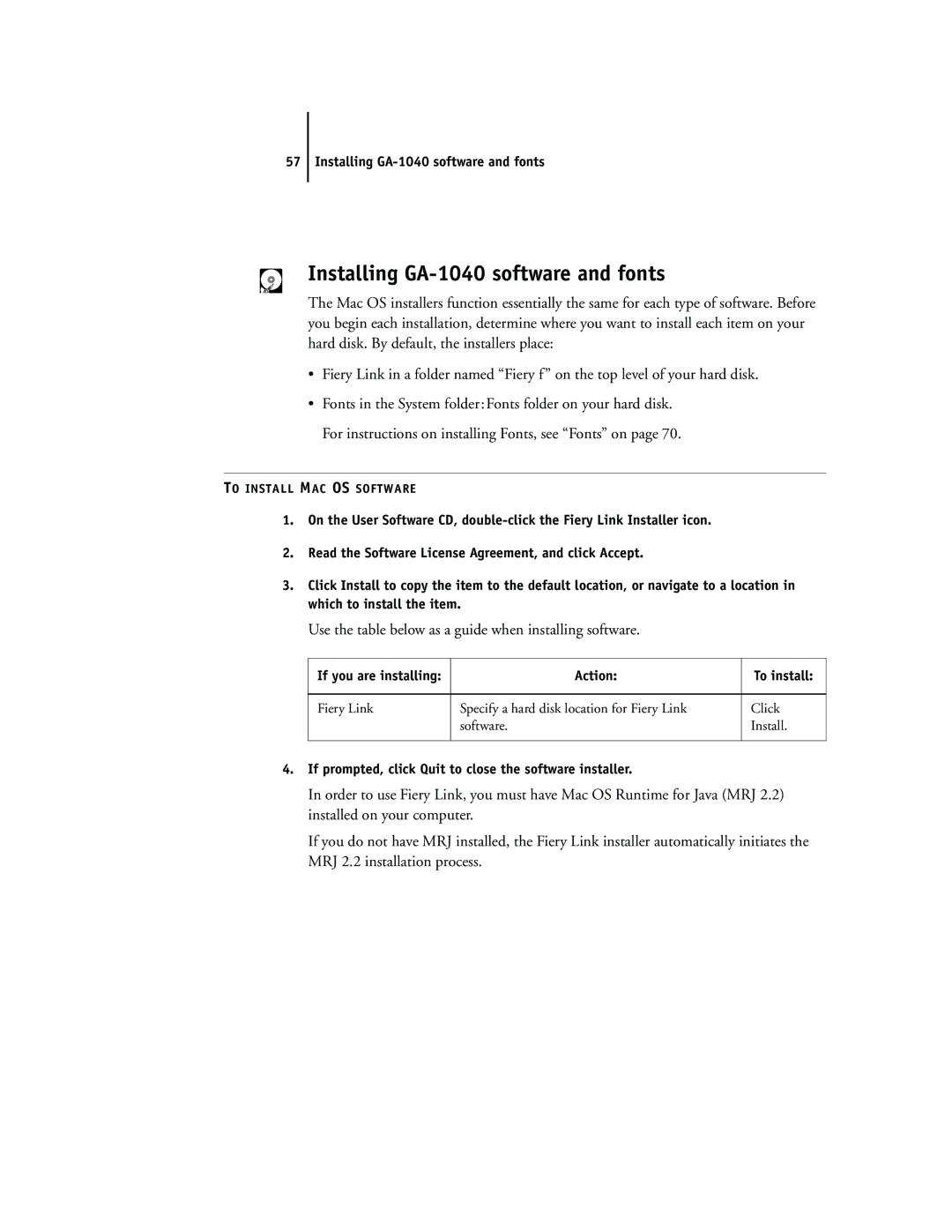 Toshiba e Studio45/35 manual Installing GA-1040 software and fonts, Use the table below as a guide when installing software 