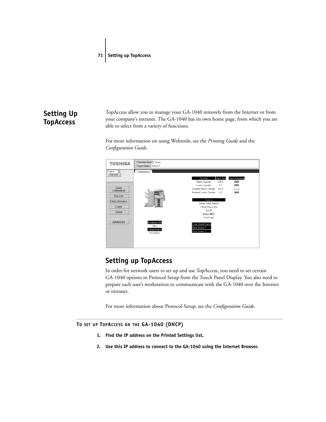 Toshiba e Studio45/35 manual Setting up TopAccess 