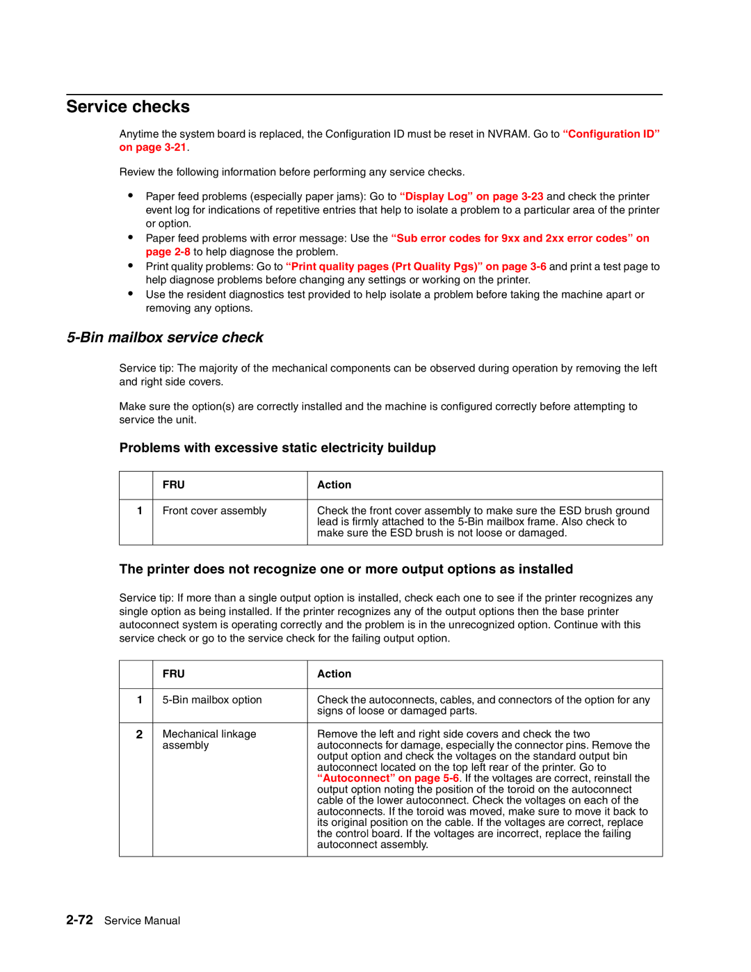 Toshiba e-STUDIO500P manual Service checks, Bin mailbox service check, Problems with excessive static electricity buildup 