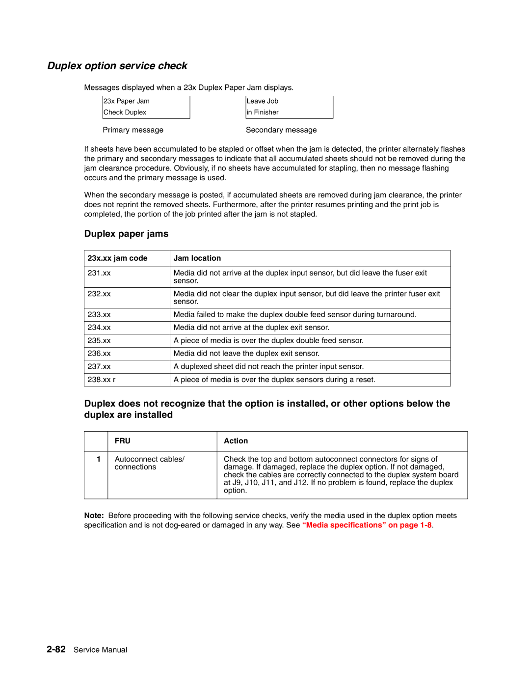 Toshiba e-STUDIO500P manual Duplex option service check, Duplex paper jams, 23x.xx jam code Jam location 