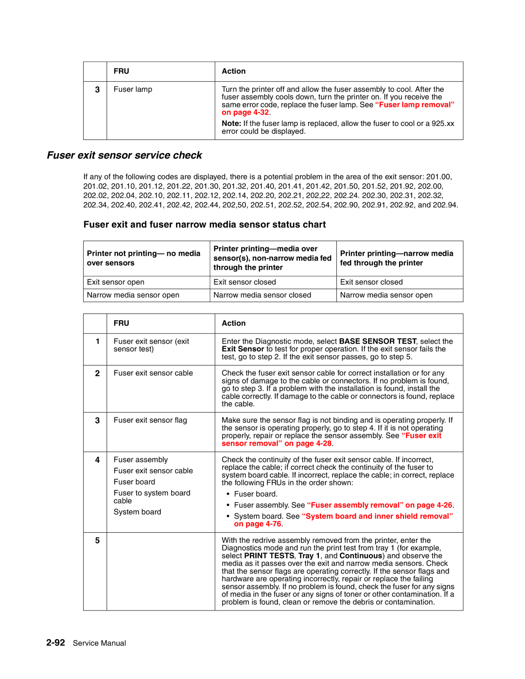 Toshiba e-STUDIO500P manual Fuser exit sensor service check, Fuser exit and fuser narrow media sensor status chart 