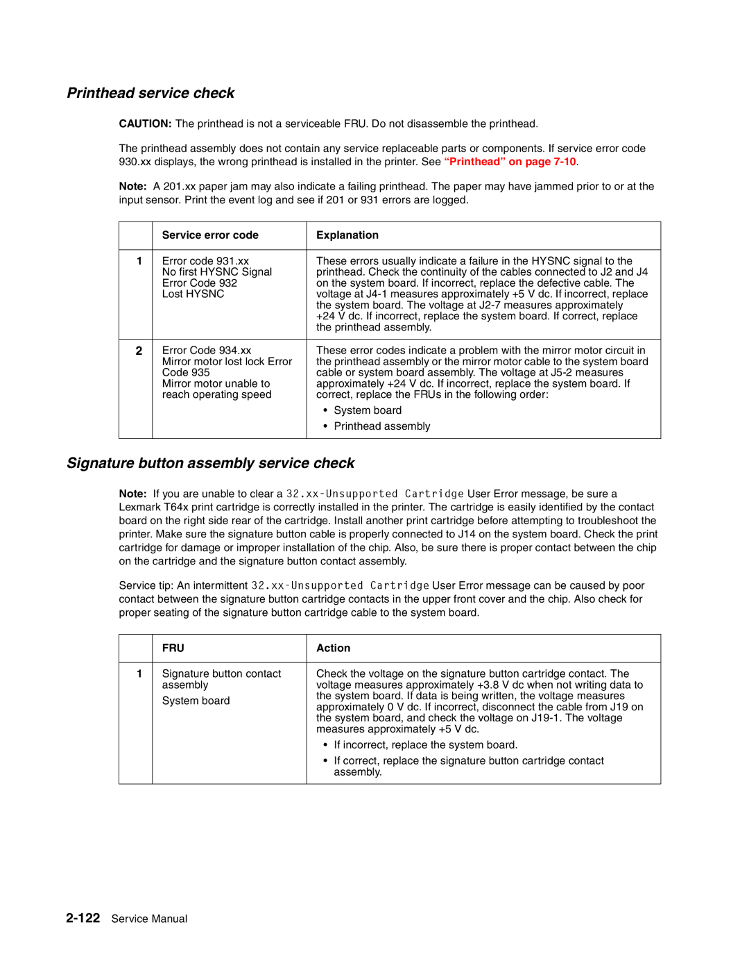 Toshiba e-STUDIO500P Printhead service check, Signature button assembly service check, Service error code Explanation 