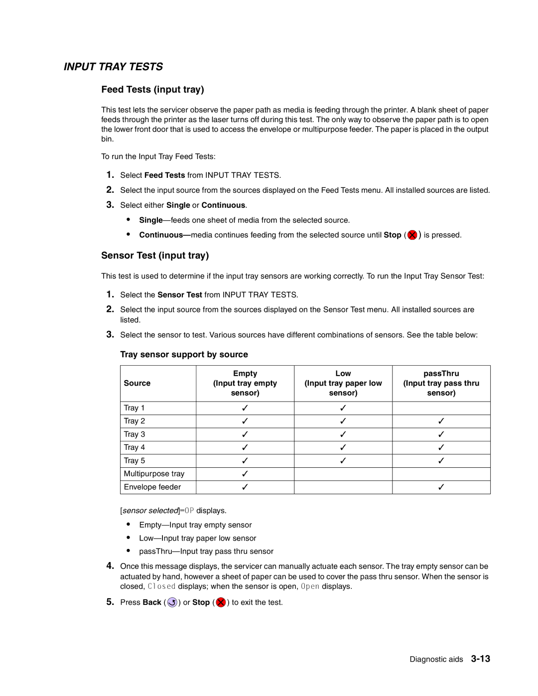 Toshiba e-STUDIO500P manual Feed Tests input tray, Sensor Test input tray 