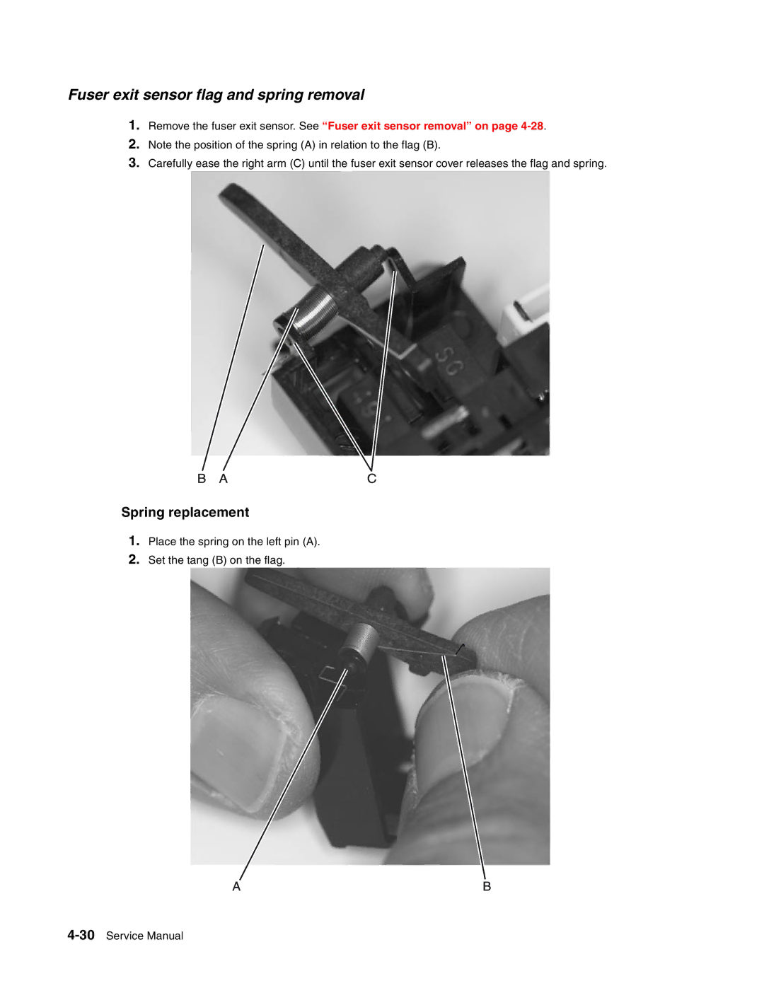 Toshiba e-STUDIO500P manual Fuser exit sensor flag and spring removal, Spring replacement 