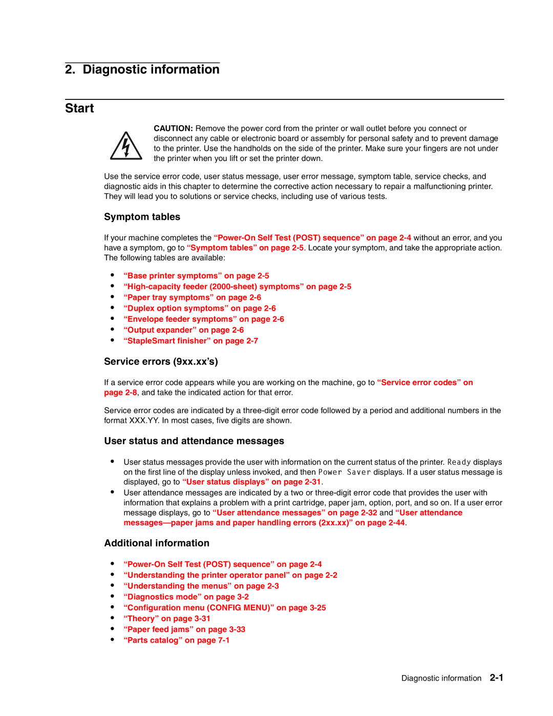 Toshiba e-STUDIO500P manual Diagnostic information Start, Symptom tables, Service errors 9xx.xx’s, Additional information 