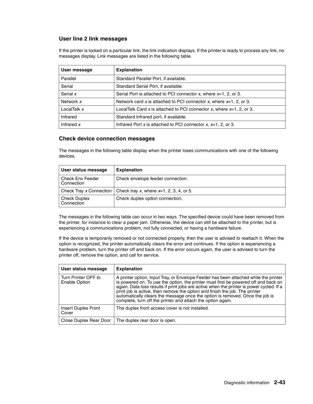 Toshiba e-STUDIO500P manual User line 2 link messages, Check device connection messages, User message Explanation 