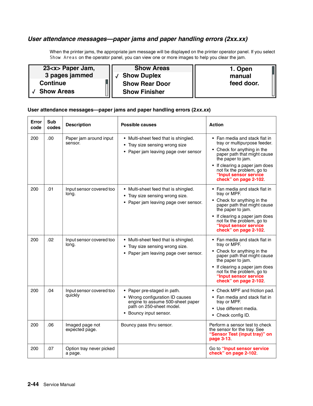 Toshiba e-STUDIO500P manual Error Sub Description Possible causes Action Code Codes, Input sensor service 